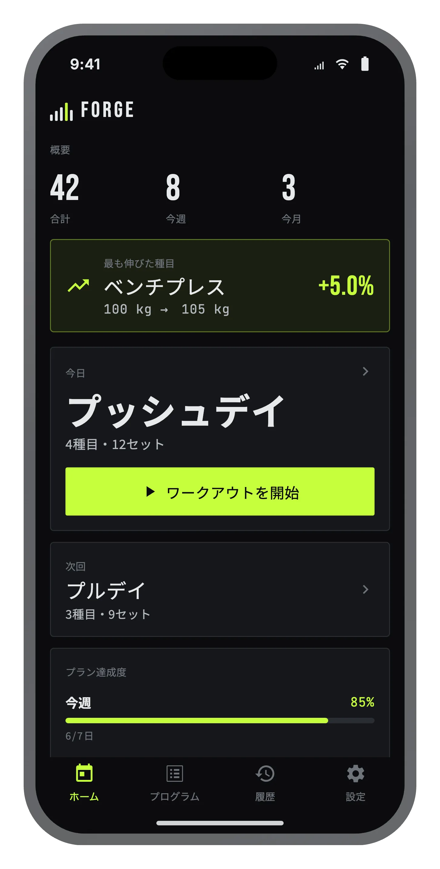 今日のプッシュデイ、週間統計、ワンタップ開始を表示した Forge のホーム画面。