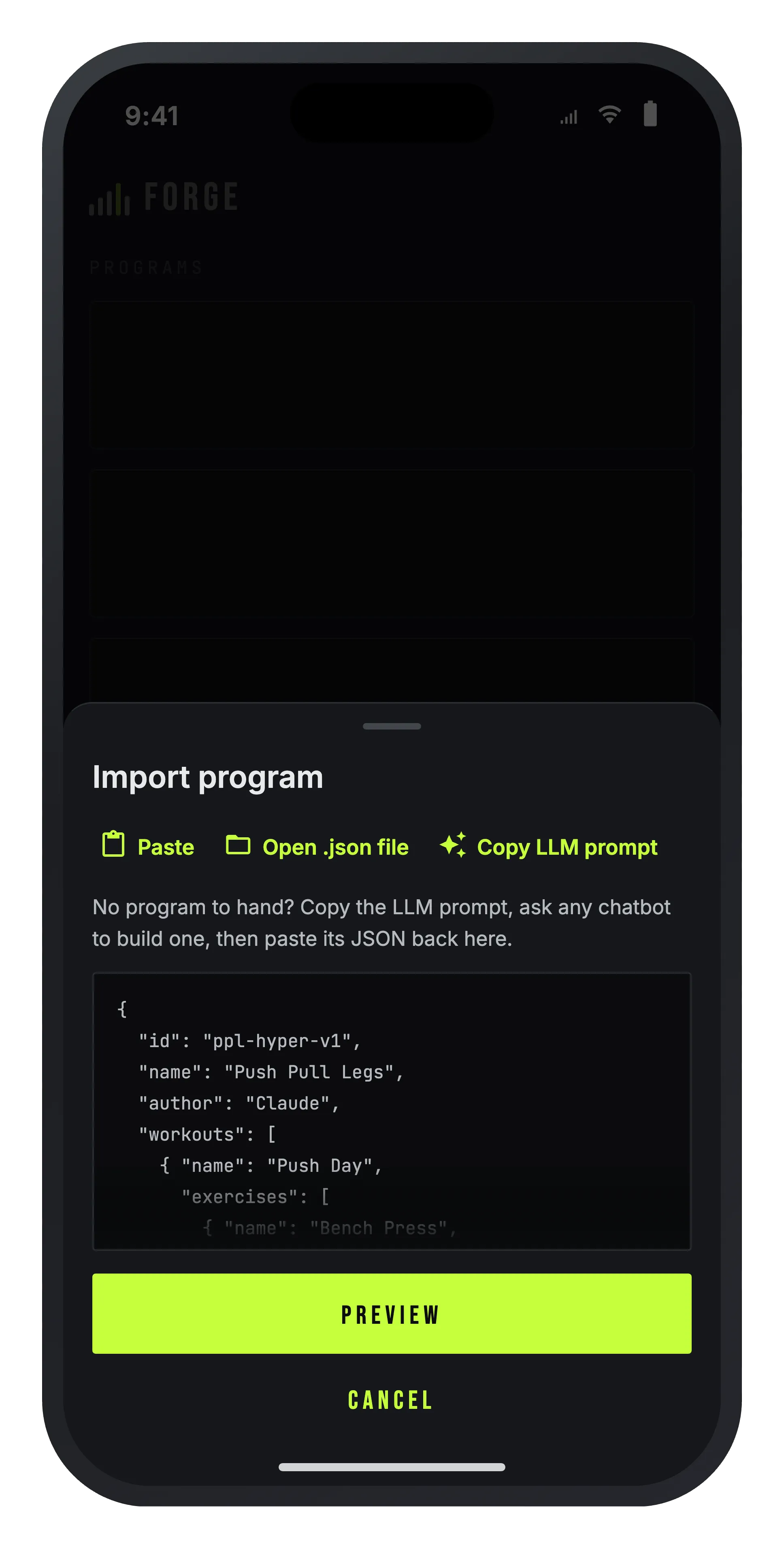 The Forge import screen — copy an LLM prompt, paste text or open a JSON program file.