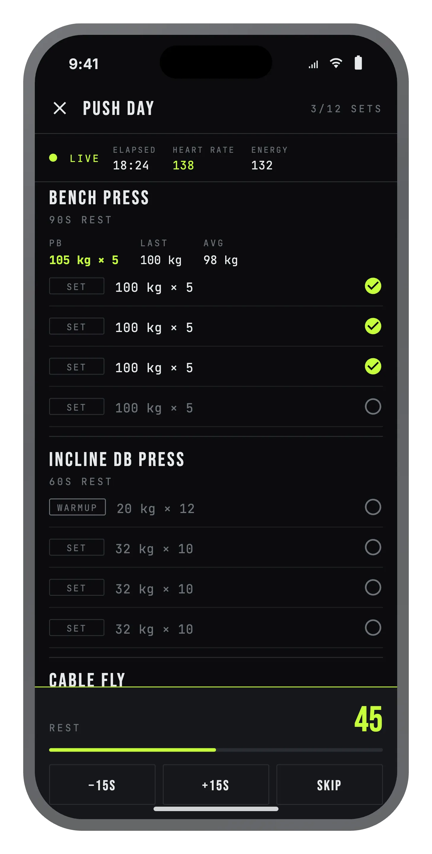The Forge live workout screen: Push Day, the working set, completed sets and a running rest timer.