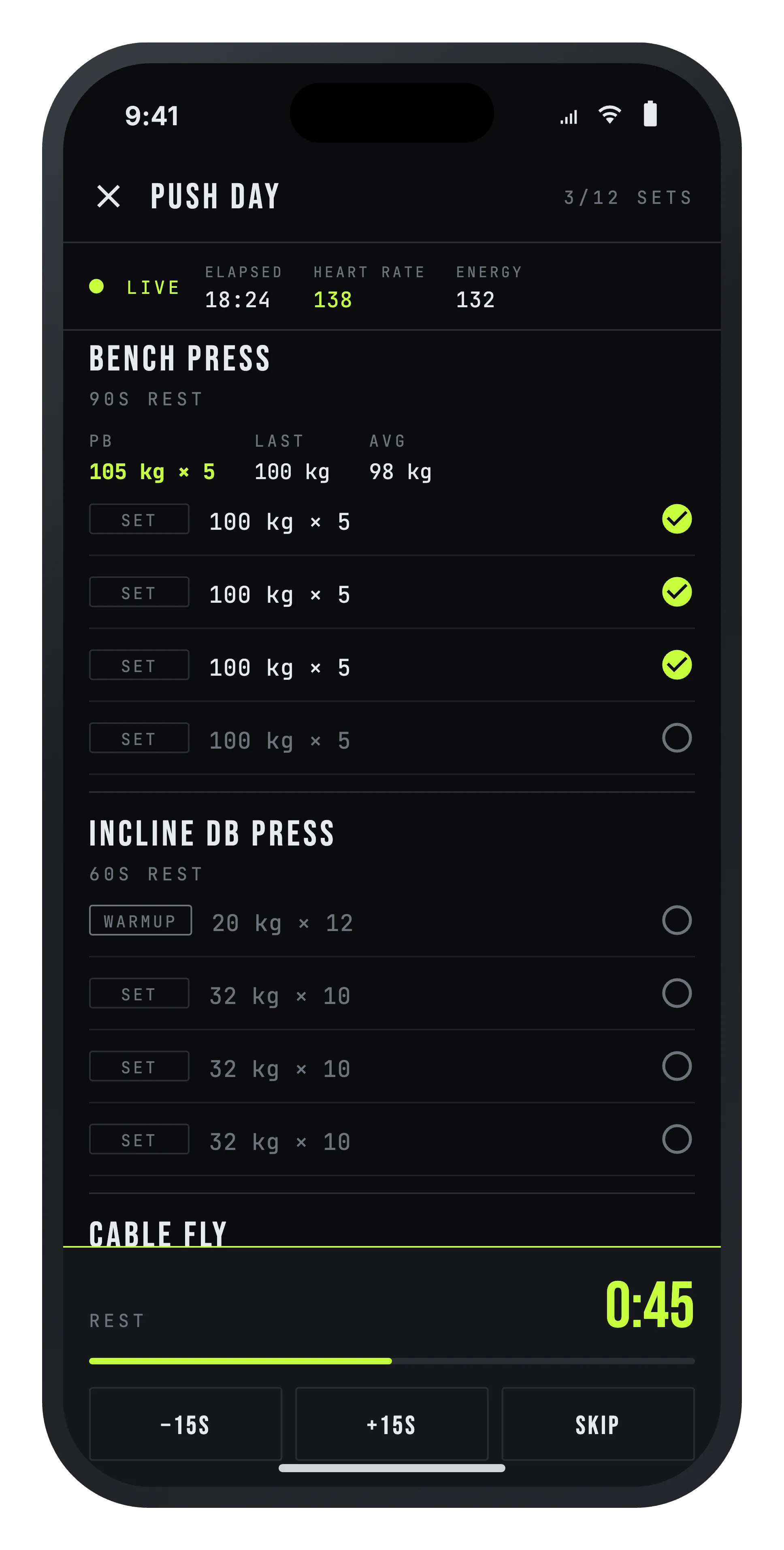 The Forge live workout screen: Push Day, the working set, completed sets and a running rest timer.