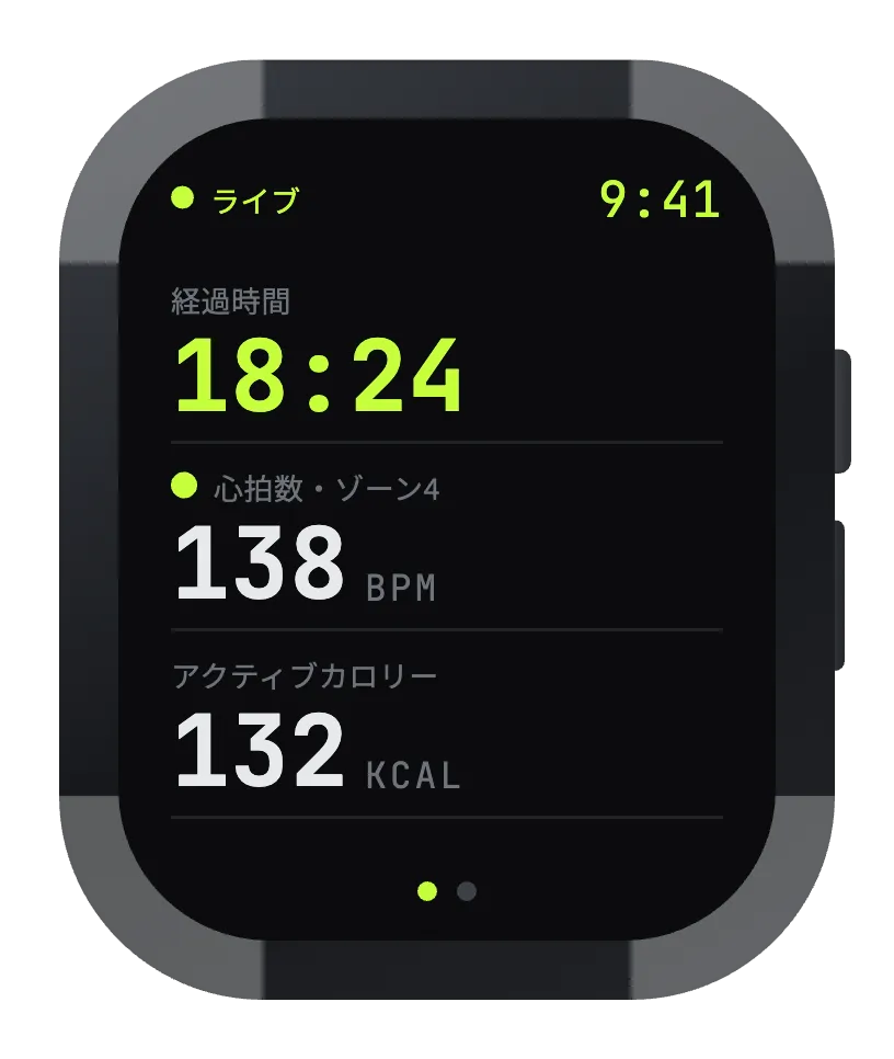Apple Watch 上の Forge — 経過時間、ゾーン4の心拍数、アクティブエネルギーをリアルタイム表示。